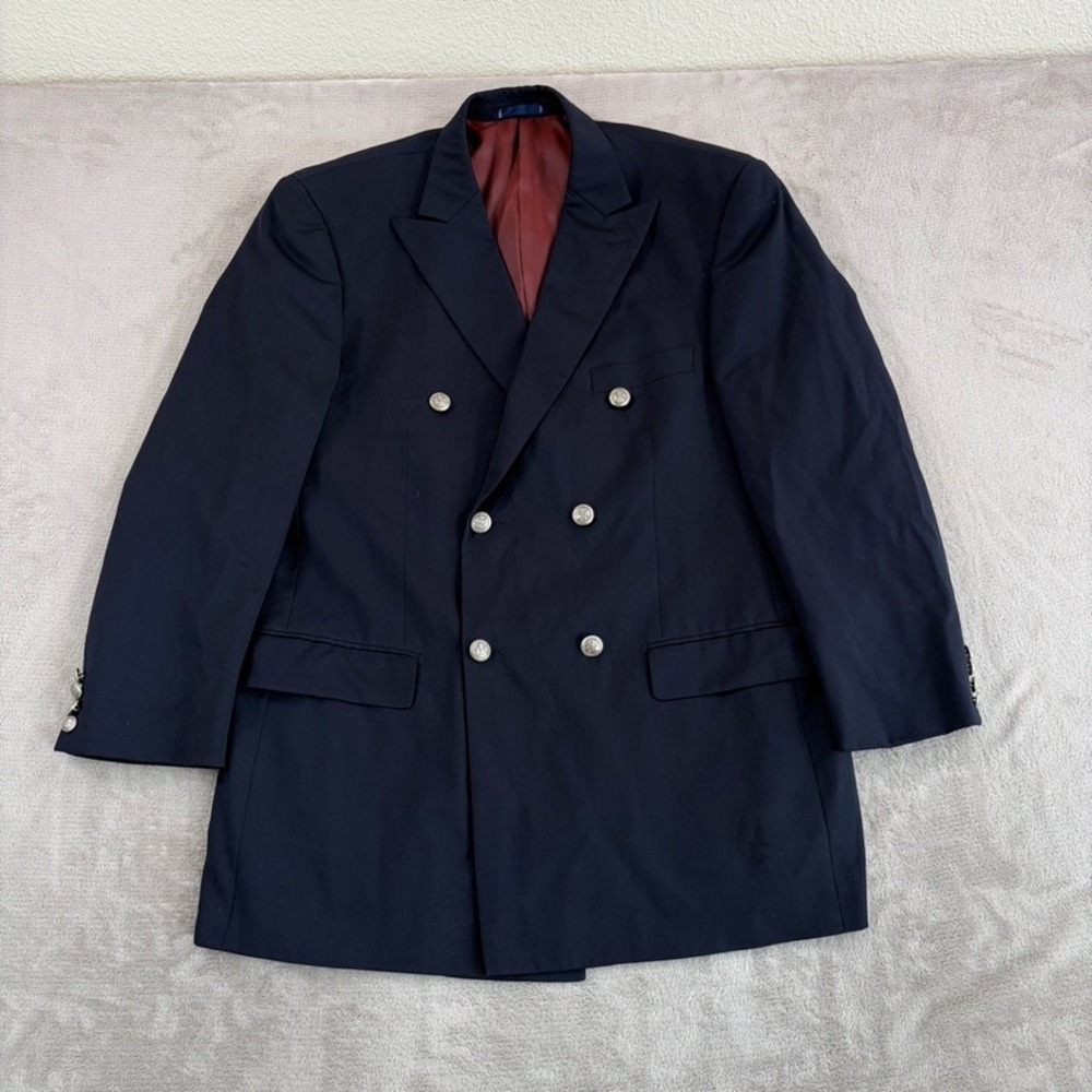 Paul Frederick Double Breasted Peak Lapel Sport Coat Crest Buttons Men 42R Navy